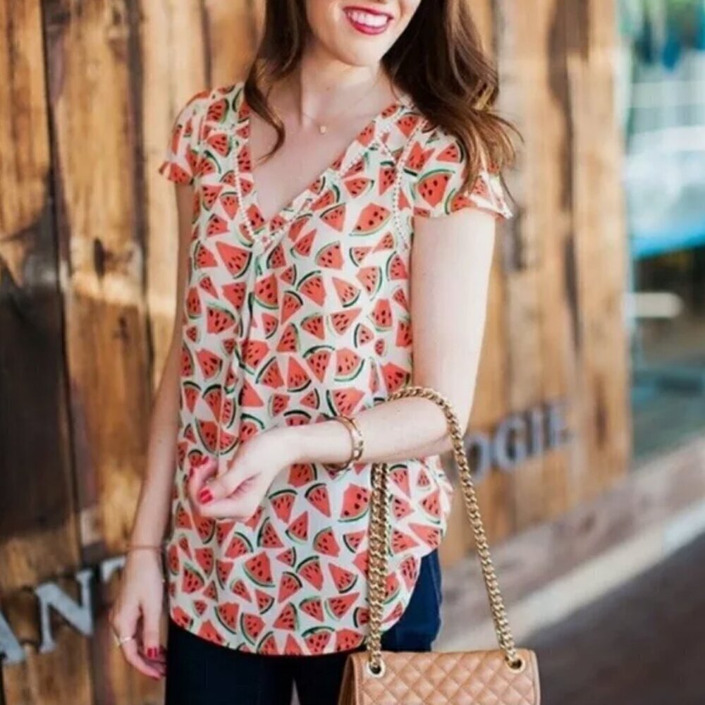 Anthropologie Maeve Watermelon Pink White Short Sleeve Summer Tunic Blouse Small